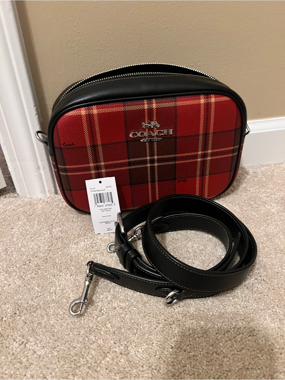 Coach Red Plaid Belt Bag with Black Trim
